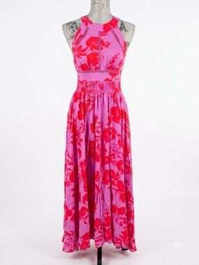 Abel The Label Pink Red Floral Smocked Halter Maxi Dress Medium